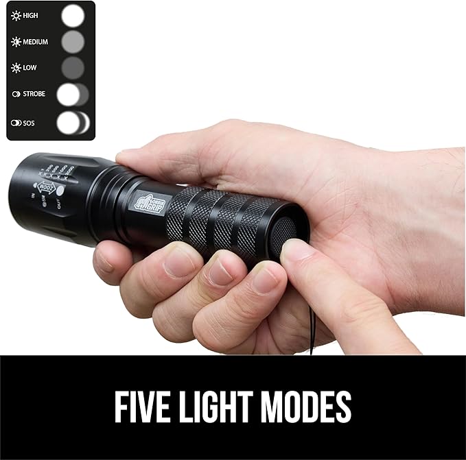 GORILLA GRIP Powerful LED Tactical Flashlight, 750 FT High Lumens 5 Adjustable Modes, Water Resistant, Ultra Bright Zoom Flashlights, Small Mini Flash Light, Camping, Night Dog Walking, Black