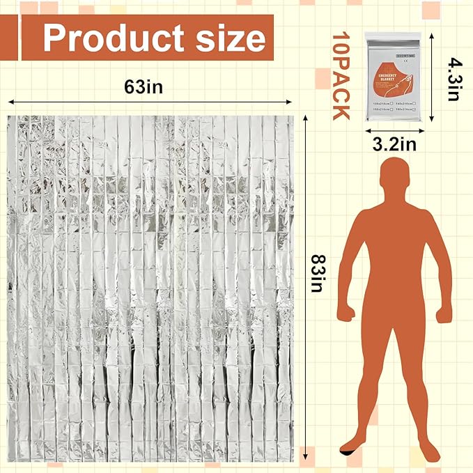 10 Pack Emergency Mylar Thermal Blankets - 63"x83" Extra Large Survival Space Blankets, Heavy Duty Reflective Camping Gear for First Aid, Hiking & Outdoor Safety (Sliver-Sliver)