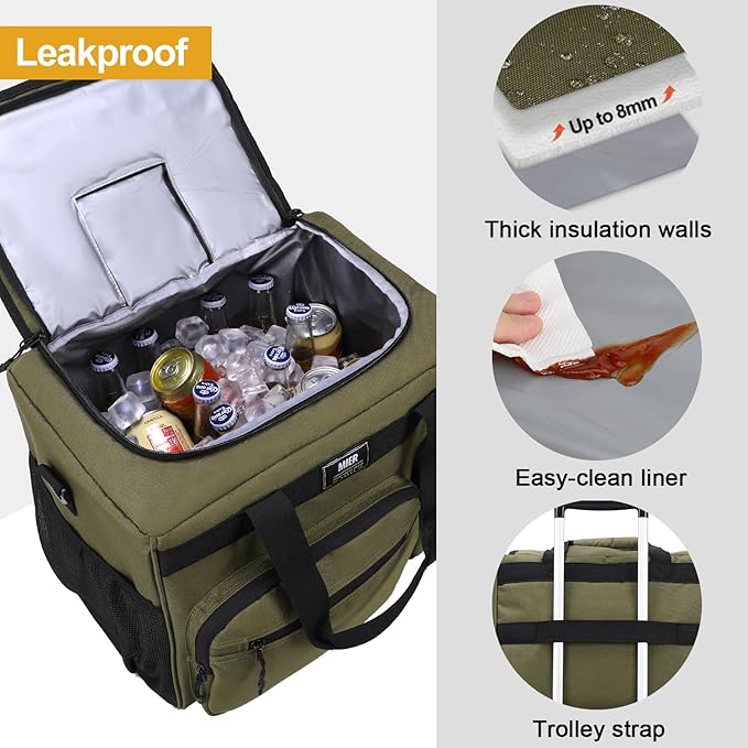 MIER 30L Extra Large Soft Cooler Bag with Bottle Opener for Camping Beach BBQ Grocery Golf Leakproof Picnic Lunch Bag, Collapsible, Top Flip Lid, 45Can (Dark Green)