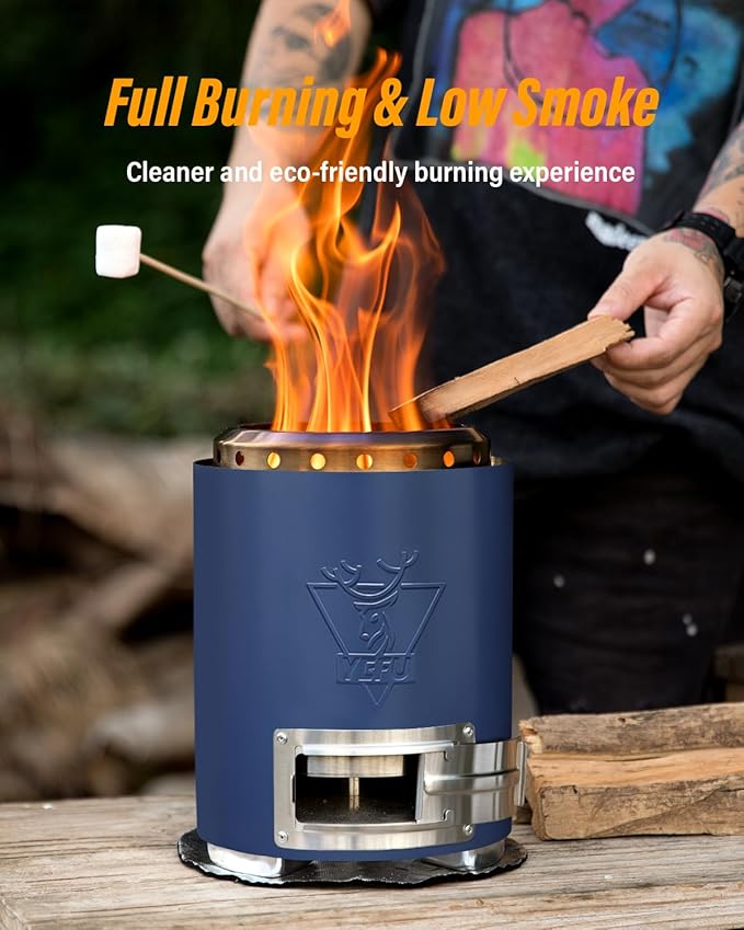 YEFU Tabletop Fire Pit 9.7 x 7.1 in, Flame Intensity Control Camping Stove for Outdoor & Patio, Fueled by Pellets or Wood, Safe Burning Table Top Firepit, with Travel Bag & 2 Mini Sticks, Blue