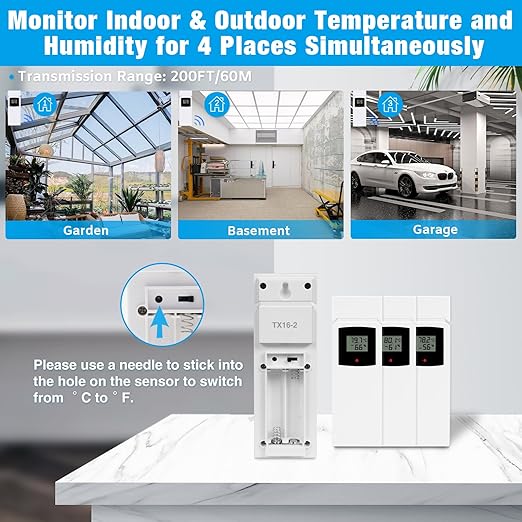 Geevon Weather Station Wireless Indoor Outdoor Thermometer 3 Sensors, Color Display Digital Temperature Humidity Monitor with Barometer, Calendar, USB Charge and Adjustable Backlight