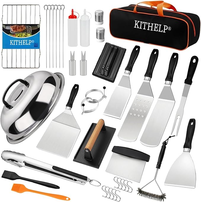 40PCS Griddle Accessories Kit, Flat Top Grill Accessories Set for Camp Chef, Griddle Spatula Set with Burger Press, Scraper, Tongs and Carry Bag for Outdoor BBQ