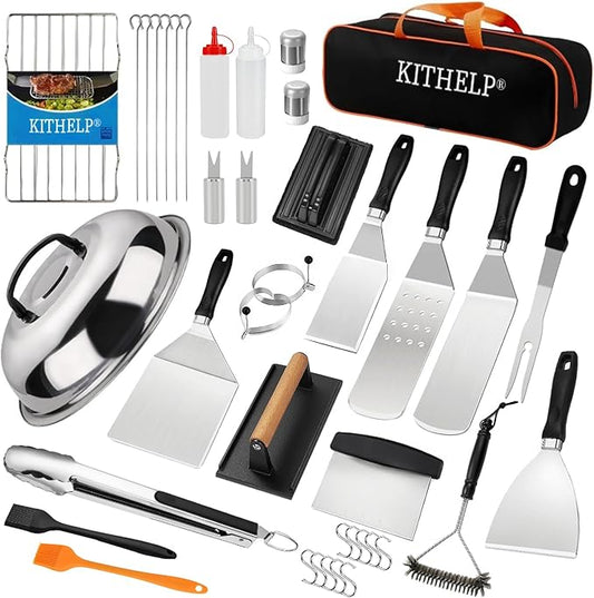 40PCS Griddle Accessories Kit, Flat Top Grill Accessories Set for Camp Chef, Griddle Spatula Set with Burger Press, Scraper, Tongs and Carry Bag for Outdoor BBQ