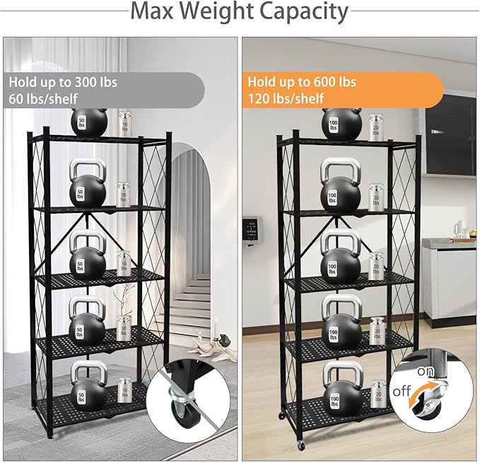 5 Tier Folding Shelf with Wheels,Metal Steel Collapsible Shelves,No Assembly Portable Shelves Organizer Rack,Rolling Standing Utility Rack for Kitchen, Pantry, Office, Black