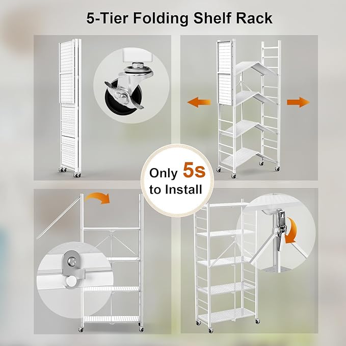 Himix 5-Tier Storage Folding Shelf with 20 Hooks, 4 Wheels, and Adjustable Feet, Stainless Steel