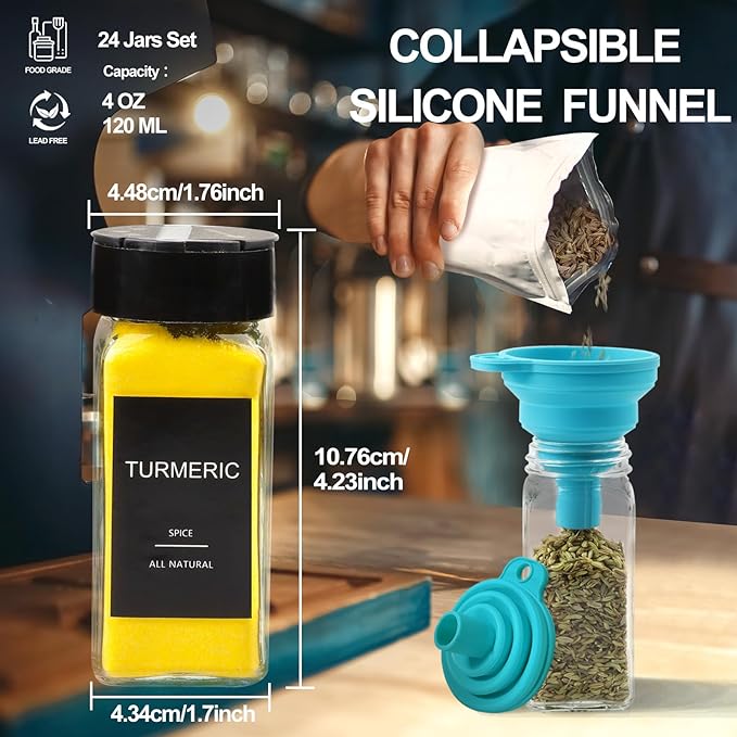 AISIPRIN Spice Jars with Lable, Glass Salt and Pepper Shakers Set, 24 Pcs Spice Botter with Shaker Lids, Ktchen Essentials Seasoning Organizer Containers, Included 398 Lables,Funnel, Brush, Marker