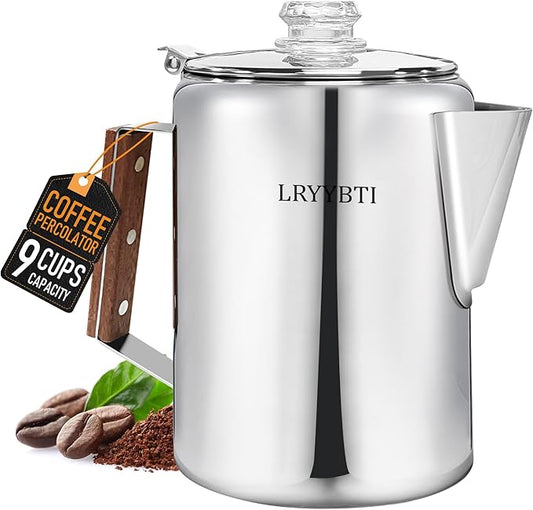 Percolator Pot Stainless Steel Camping Coffee Pot-NO Aluminum or Plastic Camping Coffee Pot Stovetop (9 cup)