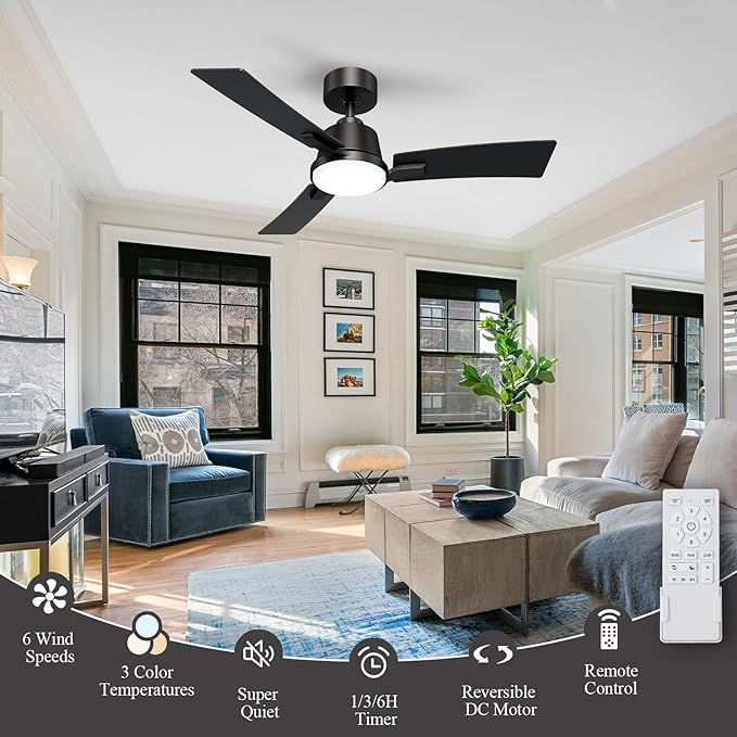 42 Inch Ceiling Fans with Lights,Low Profile Ceiling Fan,Modern Flush Mount,Reversible 6 Speeds,3CCT Dimmable Noiseless Black Ceiling Fans for Living Room,Bedroom and Patio,ETL Listed