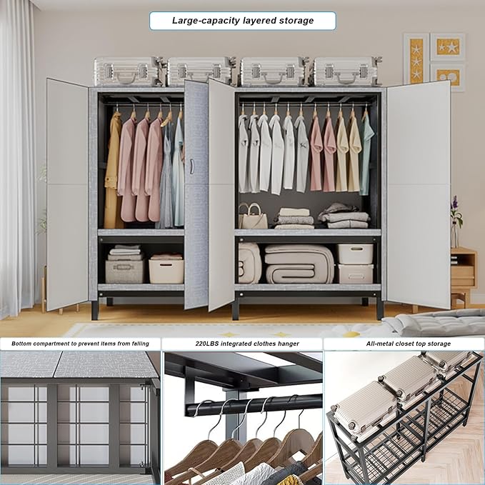 FPIGSHS Heavy Duty Clothes Rack with Magnetic Door 2000LBS Foldable Portable Wardrobe Closet for Hanging Clothing Rolling Garment Rack on Wheels for Bedroom Closet System (B(Grey Door, 41.3in)