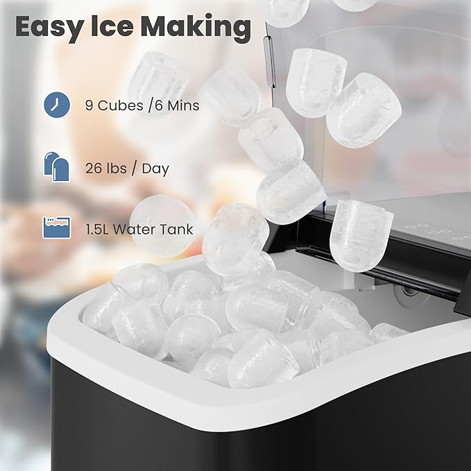 DUMOS Portable Ice Maker for Countertop with Handle, 26lbs/Day, 9 Bullet Ice Cubes Ready in 6 Mins, Self-Cleaning Quiet Ice Machine for Home, Kitchen, RV, Camping, Black