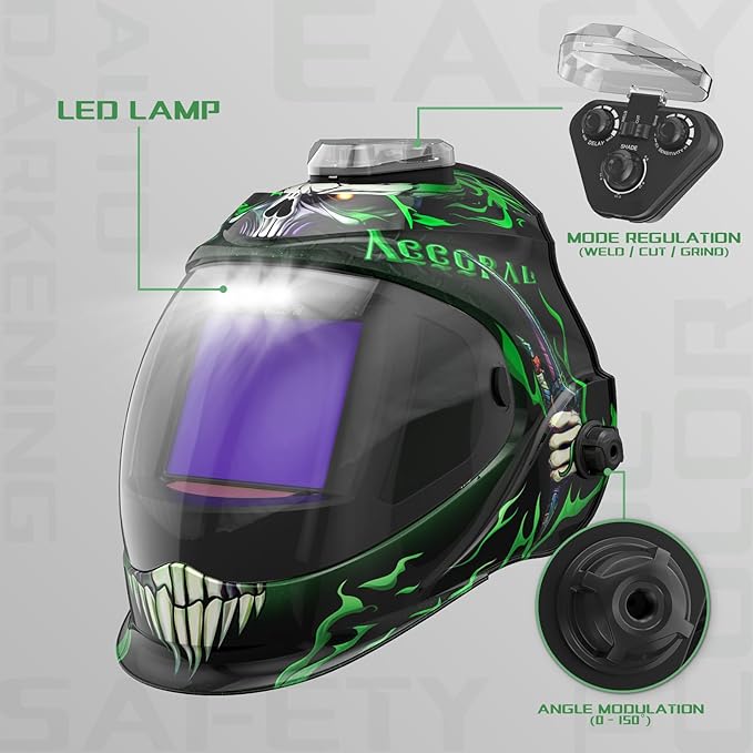 Panoramic View Auto Darkening Welding Helmet with Light, 1/1/1/1 True Color Solar Powered Welding Hood Mask, 4 Arc Sensor Wide Shade for TIG, MIG, ARC, Cut, Grinding, AC-28800G-DT