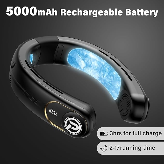 PANERGY Portable Neck Fan Air Conditioner, Rechargeable Battery Operated Personal Fan, LED Display, Hands Free Cooling Neck Fan for Women Men Travel Work Outdoor