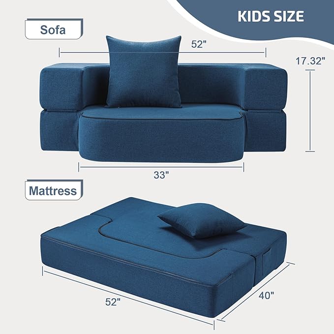 2-in-1 Folding Sofa Bed with Pillow - Folding Chair Floor Couch & Sleeping Mattress - Washable Cover & Memory Foam Sleeper Chair for Living Room/Guest Room/Apartment/Loft, Navy Blue