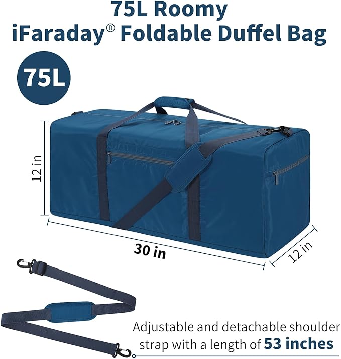 Foldable Duffle Bag 30 inch 75L Large Lightweight Luggage Bag for Travel Camping Storage-Blue