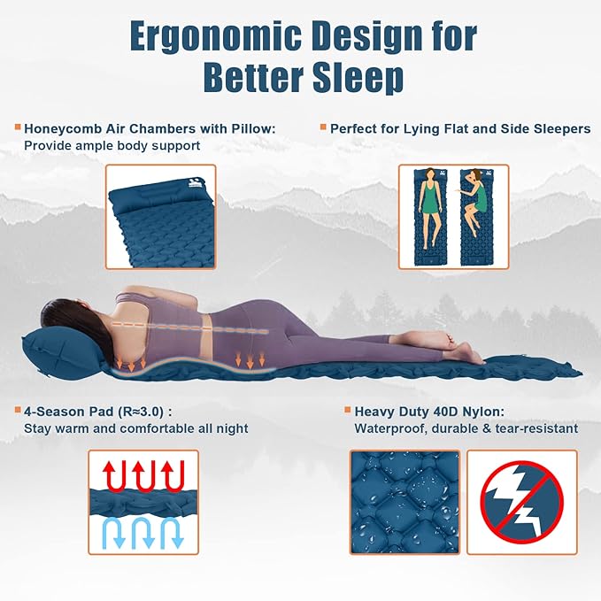 800g Ultralight Inflatable Sleeping Pad for Camping, with Foot Pump and Pillow, Compact Camping Mattress for Outdoors, Backpacking, Hiking