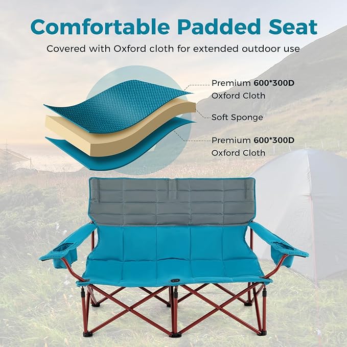 Tangkula 2 Person Oversized Camping Chair, Fully Padded Folding Loveseat Camp Chair with Adjustable Armrests, Cup Holders, Carrying Bag, Portable Double Outdoor Lawn Chair for Camping
