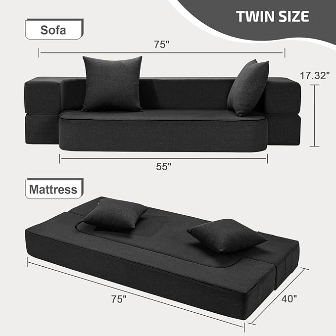 2-in-1 Folding Sofa Bed with Pillows - Folding Chair Floor Couch & Sleeping Mattress - Washable Cover & Memory Foam Sleeper Chair for Living Room/Guest Room/Apartment/Loft, Dark Gray, Twin