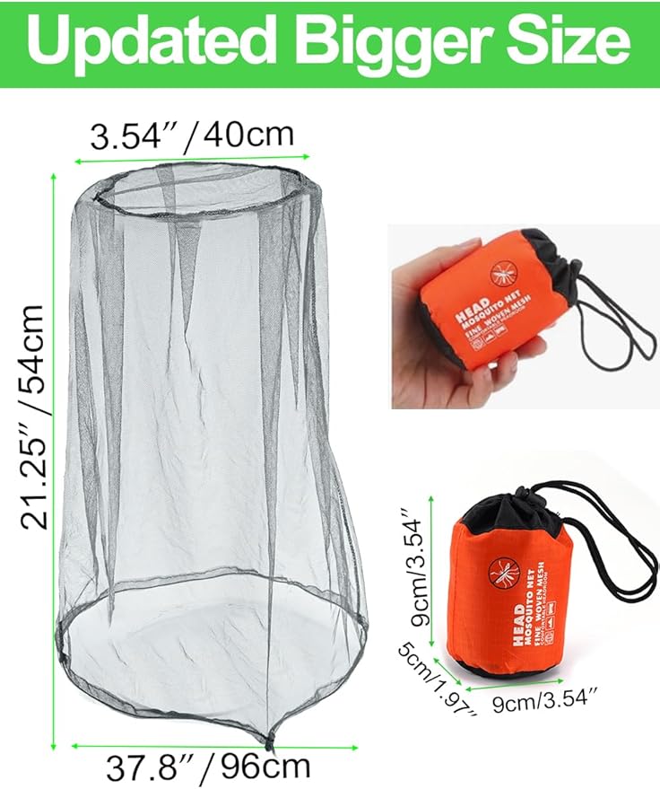 Wohohoho Mosquito Head Net Mesh With Drawstring, Bug Face Shield for Hats, Beekeeper Mask Protection for Men & Women Against Midges, Bugs & Gnats (2 Packs, Grey, Updated Big Net)