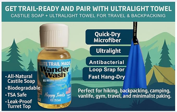 Elite Trail Magic- Wander Wash Biodegradable Castile Soap – Ultralight 1 oz Concentrated Liquid Soap for Camping, Travel & Backpacking – All Purpose, Unscented, Made in USA