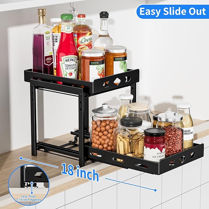 Pull Out Spice Racks for Inside Cabinets, 2-Tier Cabinet Spice Rack, Height Adjustable Spice Rack Organizer for Cabinet, Kitchen Vertical Spice Rack (9.7''Wx10.8''Dx9.2''H, Metal Black)