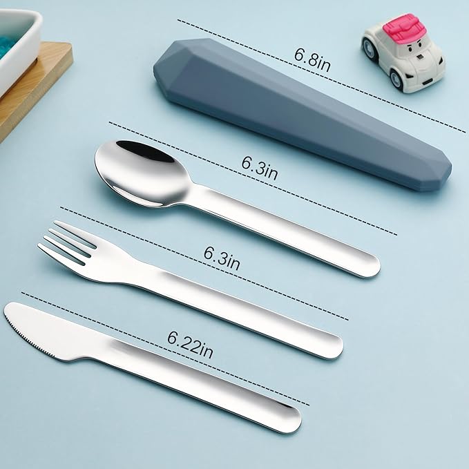 DEVICO Travel Utensils with Case, Reusable Camping Silverware Cutlery, 18/8 Stainless Steel Portable Fork Spoon Knife Set for Lunch Picnic School Workplace (Blue)