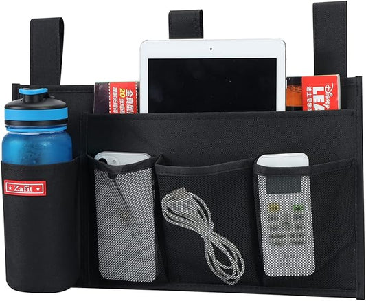 Hanging Bedside Caddy, Bedside Storage Organizer for Magazine, Phone, Remote control (5 Pockets-Black)