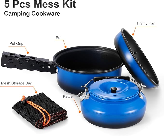 Odoland 5pcs Camping Cookware Non-Stick Camping Pot and Pan Set with Kettle and Removable Handle for Hiking Backpacking and Picnic