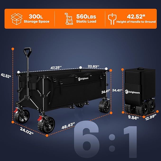 48" L Collapsible Wagon Cart Foldable, 560LB Weight Capacity 300L Heavy Duty Folding Beach Wagons with Big All-Terrain Wheels, Utility Carts for Groceries, Shopping, Camping, Sports - Black