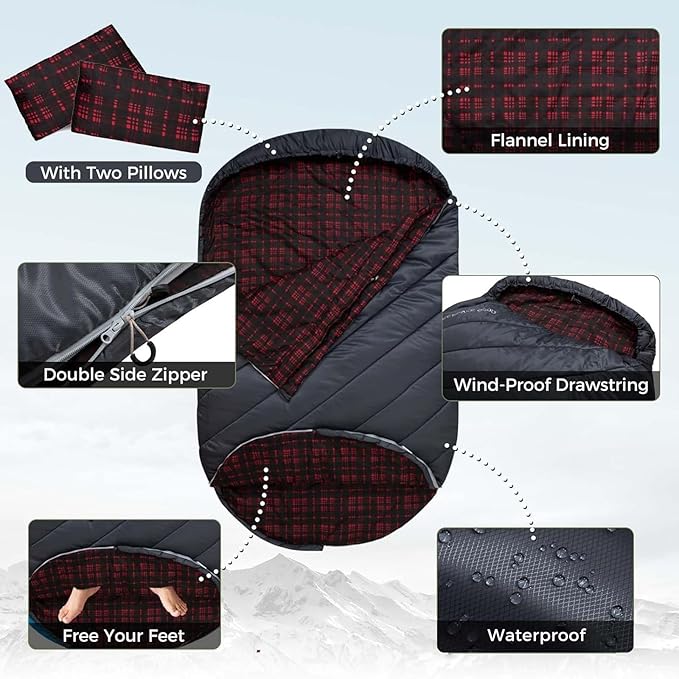 KingCamp Double Sleeping Bag for Adults, Queen Size 2 Person XXL Flannel Sleeping Bag, Waterproof Lightweight Flannel Quilt with 2 Pillows, Perfect for Couples Family Camping Hiking