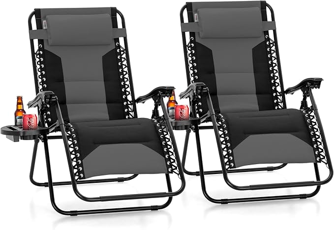 Sophia & William Oversized XL Zero Gravity Recliner Chair Set of 2 Padded, Folding Reclining Lounge Chair with Wide Armrest and Cup Holder, Support 400 LBS, Black