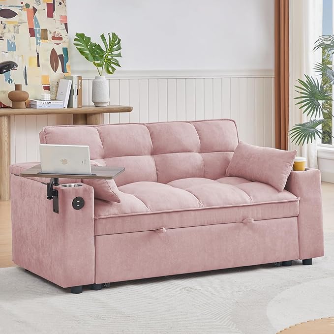 65'' 3-in-1 Folding Convertible Sofa Bed, Queen Size Pullout Sofa, Modern Chenille Fabric, 360° Swivel Side Table, Easy Assembly, Perfect for Living Room