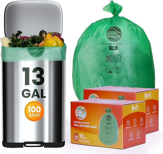 Trash bags 13+ gallon tall kitchen,100count,Extra Thick1.11 Mills,Compostable bags,Kitchen Compost Trash Bin Compatible,Certified by BPI and OK Compost