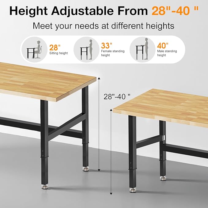 60” Folding Workbench, 2000 LBS Capacity Heavy Duty Workbench, Height Adjustable Foldable Work Table, Rubberwood Collapsible Desk for Workshop, Garage, Office, Home