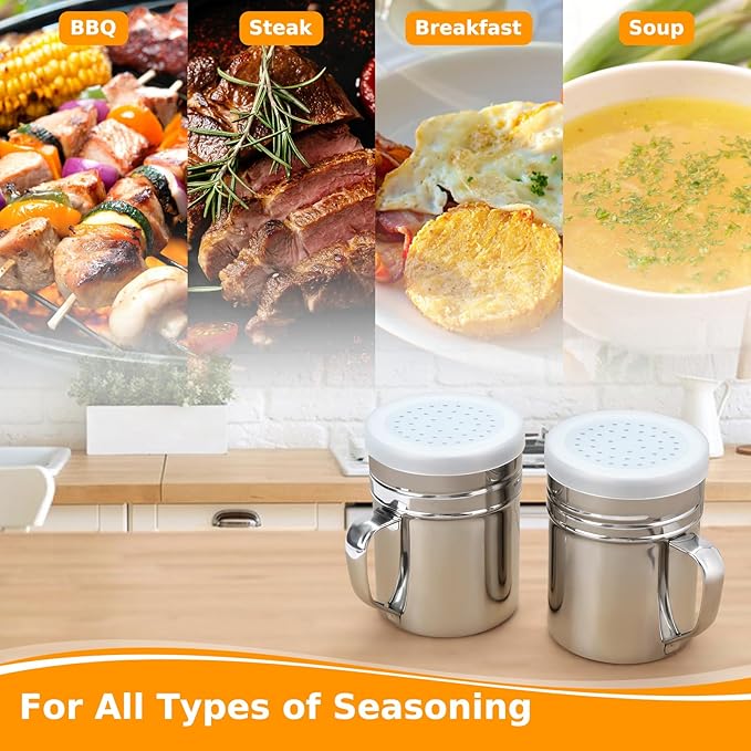 Accmor 2pcs Stainless Steel Dredge, Salt Pepper Dredge Shakers with Handle, Seasonings Spice Shakers with Lid, 10 Ounce