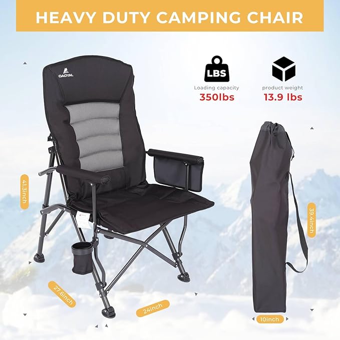Camping Chairs for Adults, Adjustable Backrest Heavy Duty Oversized Folding Camping Chair Supports 350lbs for Outside with Cup Holder&Side Pocket, Outdoor Folding Camp Chair with High Back (Black)