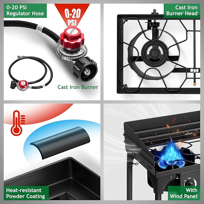 Outvita 2 Burner Propane Gas Stove for Outdoor Cooking, 150,000 BTU Camping Cooker with Windscreen for Cooking BBQ Baking Turkey Frying