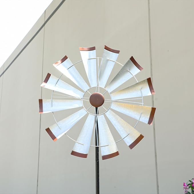 Alpine Corporation SLL2652SL 85" Metal Windmill Garden Stake, Large Outdoor Wind Spinner for Yard, Lawn, Patio, or Garden with Durable Iron Construction, Silver