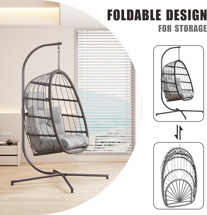 HWB Hanging Egg Chair with Stand, Swing Hammock Chair with Cushion for Indoor Outdoor, Patio Wicker Egg Swing Chair for Balcony Furniture, Light Gray