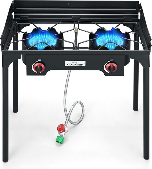 High Pressure Double Propane Burner With Windscreen Outdoor Camping Stove with 0-20 PSI Adjustable Regulator and Steel Braided Hose SA2510 (Two Burner Stove With Windscreen)