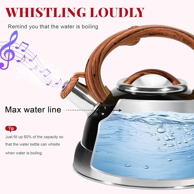 GGC Whistling Tea Kettle for Stove Tops, 3.1QT/3L Tea Kettles for Boiling Water Coffee or Milk, Stainless Steel Tea Pot with Anti-Heat Handle and Simple Touch Button to Control Kettle Outlet