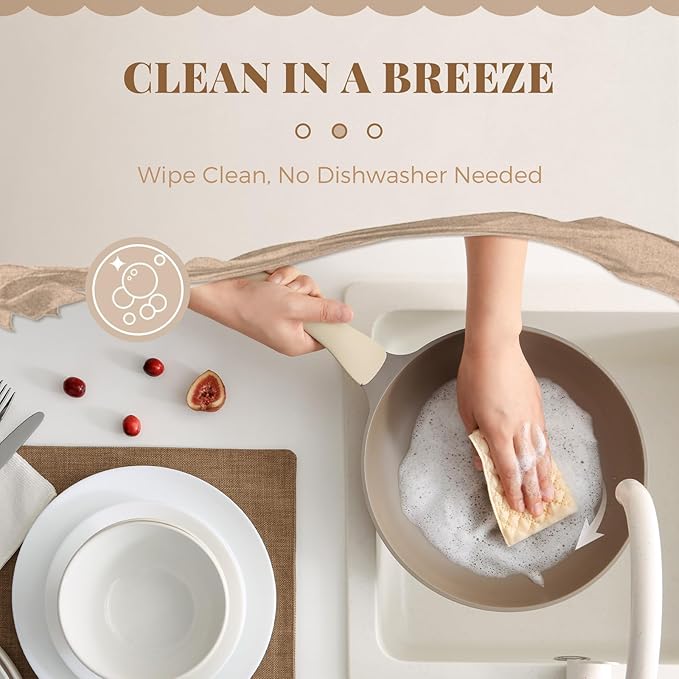 Nonstick Pots and Pans Set, 9 Pieces Non Toxic Cookware, Nonstick Pan Skillet, Healthy Frying Pan, PFOA Free, Induction Compatible, Natural Linen