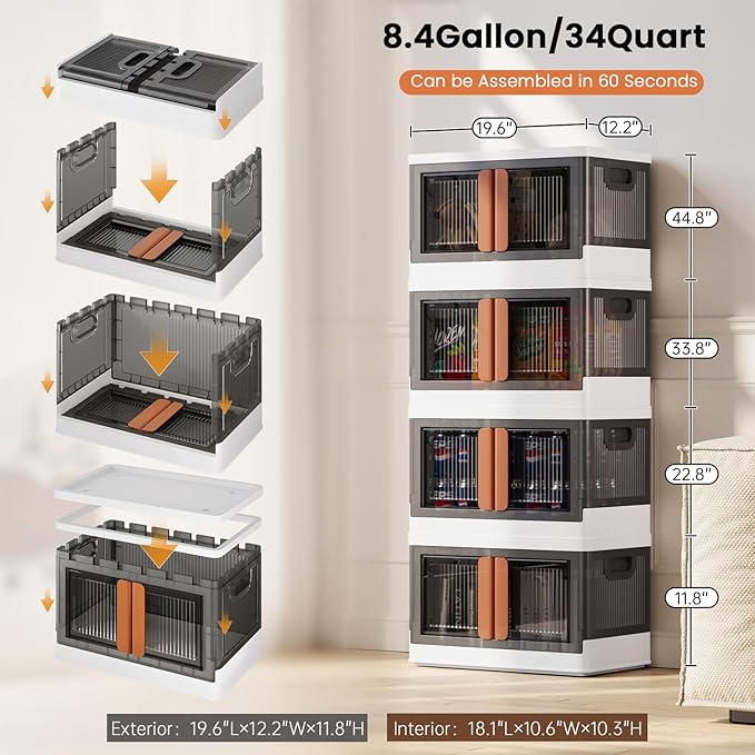 8.4Gal Collapsible Storage Bins with Lids & Wheels - 3 Pack Stackable with Doors, Heavy-Duty Plastic Containers for Home/Office, White