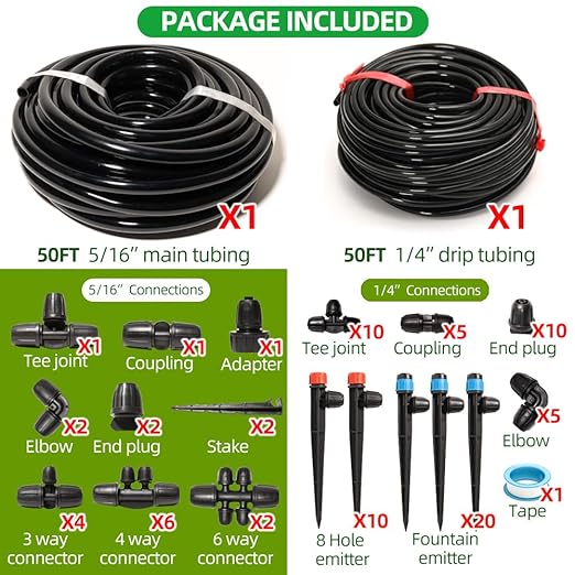 100Ft Drip Irrigation System Kit with Watering Kit Locked Fittings 360 Degree Micro Drip Sprayer Automatic Irrigation Equipment for Small Farm, Raised Bed 1/4 Inch 5/16 Inch Irrigation Tubing Hose
