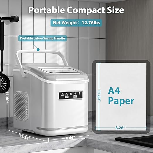 Ice Maker Machine Countertop Portable Compact Small Bullet Ice Maker with Self Cleaning,9 Cubes in 6 Mins,26lbs in 24Hrs, for Camping Dorm Home Outdoor (White)