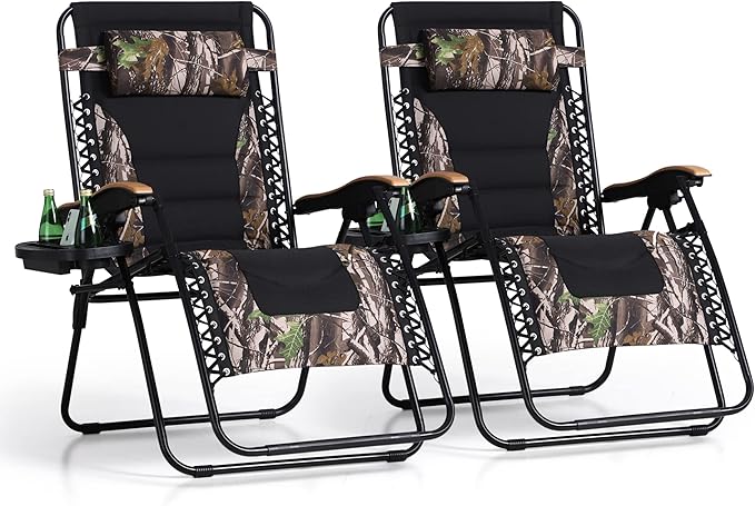 PHI VILLA XXL Oversized Padded Zero Gravity Chair, Foldable Patio Recliner, 30" Wide Seat Anti Gravity Lounger with Cup Holder, Set of 2, Support 400 LBS (Camouflage)