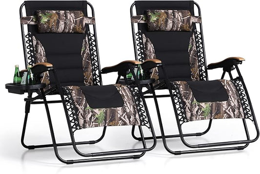 PHI VILLA XXL Oversized Padded Zero Gravity Chair, Foldable Patio Recliner, 30" Wide Seat Anti Gravity Lounger with Cup Holder, Set of 2, Support 400 LBS (Camouflage)