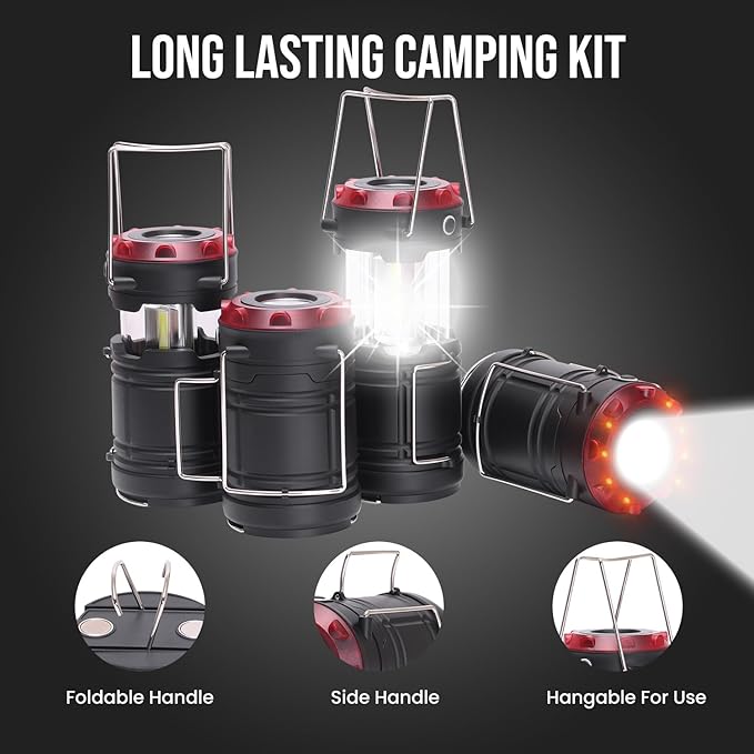 Lichamp 4 Pack Lantern Camping Essentials Lights, Battery Powered Collapsible Lanterns Flashlights with Red Strobe/SOS, Magnetic Base, for Power Outages, Hurricane, Tent Lights for Emergency