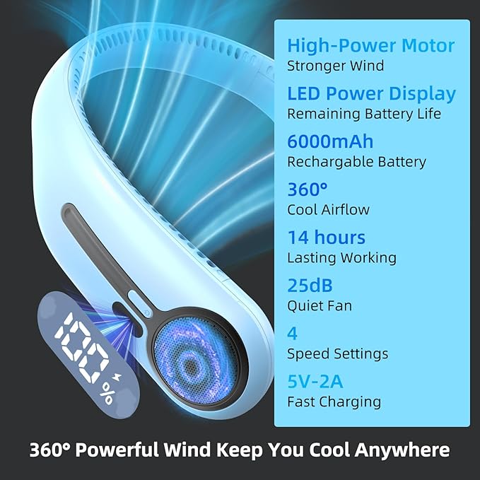 Portable Neck Fan,Gift Ideas,Personal Wearable Bladeless Fan,360° Cooling,LED Display,4-Speeds,6000mAh Rechargeable,Powerful Wind,Outdoor Travel Camping,Birthday Gifts for Men Women (Light blue)