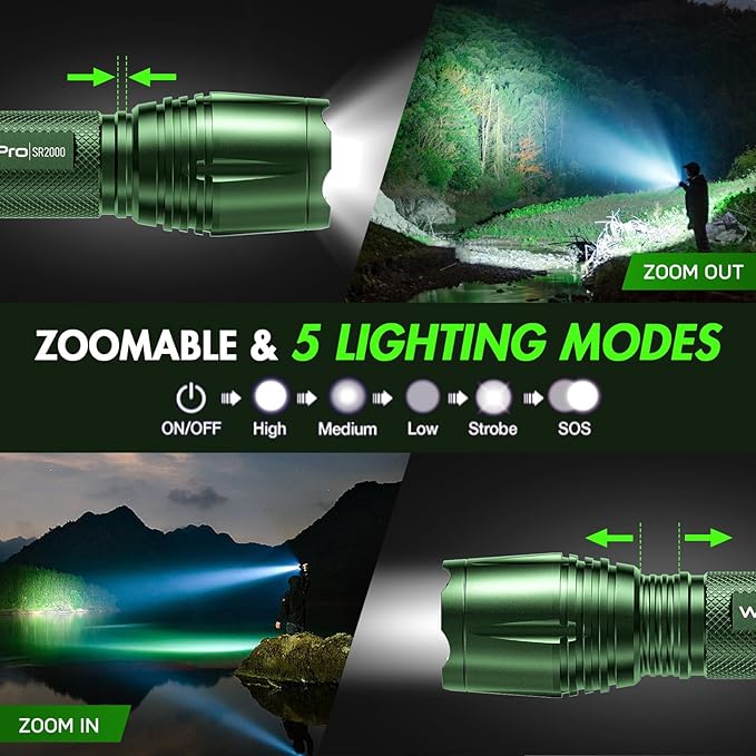 WdtPro LED Flashlight High Lumens SR2000 Pro, 2 Pack Brighter Tactical Flashlights with 5 Modes & Zoomable, Powerful Mini Flash Light for Emergency, Camping, Hiking (Green)
