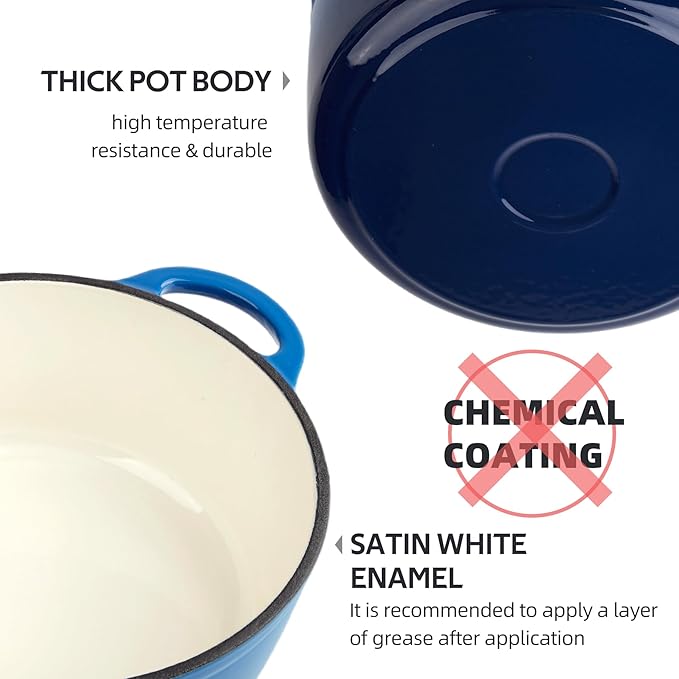 6 Quart Dutch Oven Enameled Cast Iron with Lid - Big Dual Handles - Oven Safe up to 500°F - Classic Round Pot for Versatile Cooking (Blue, 6 QT)